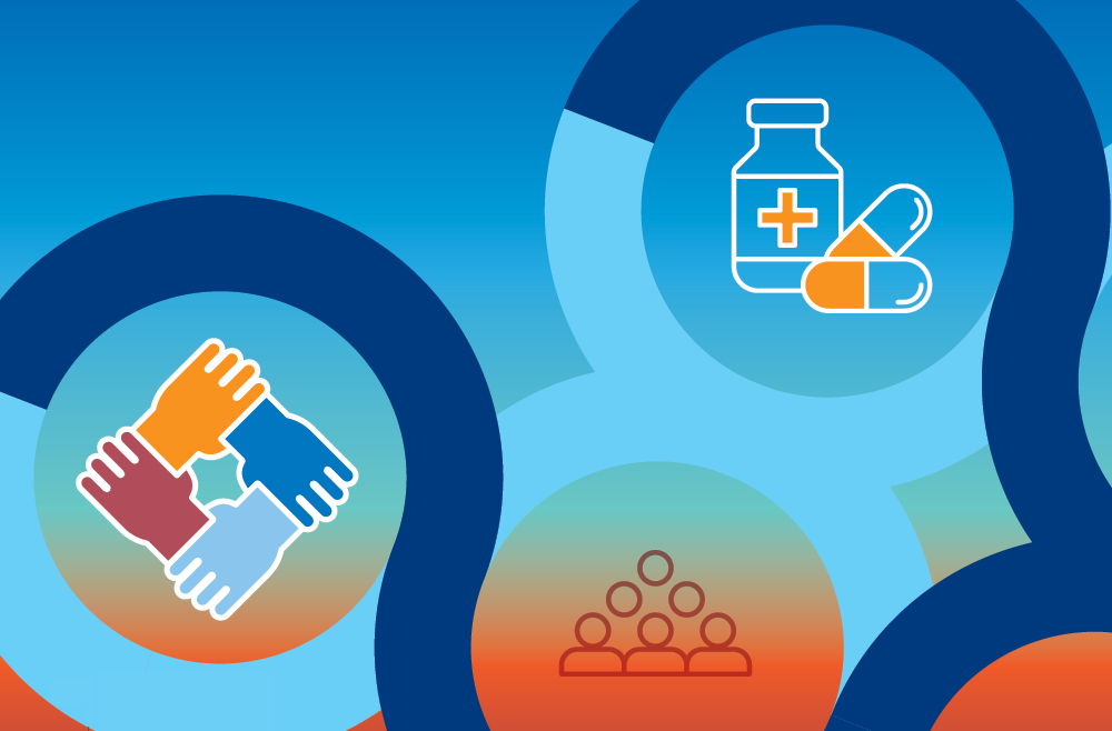 Curving shapes on a red/blue gradient background with icons indicating drugs, populations, and outreach.